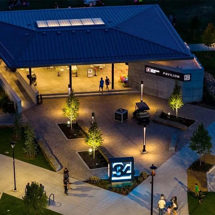 The Stillwater community pavilion and plaza in the evening